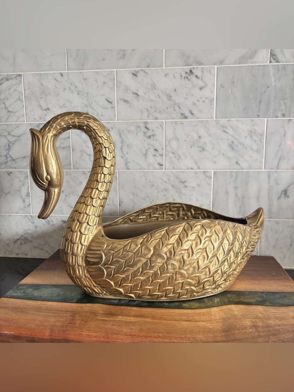 Vintage Hollywood Regency Style Brass Swan Jardiniere Planter with Insert